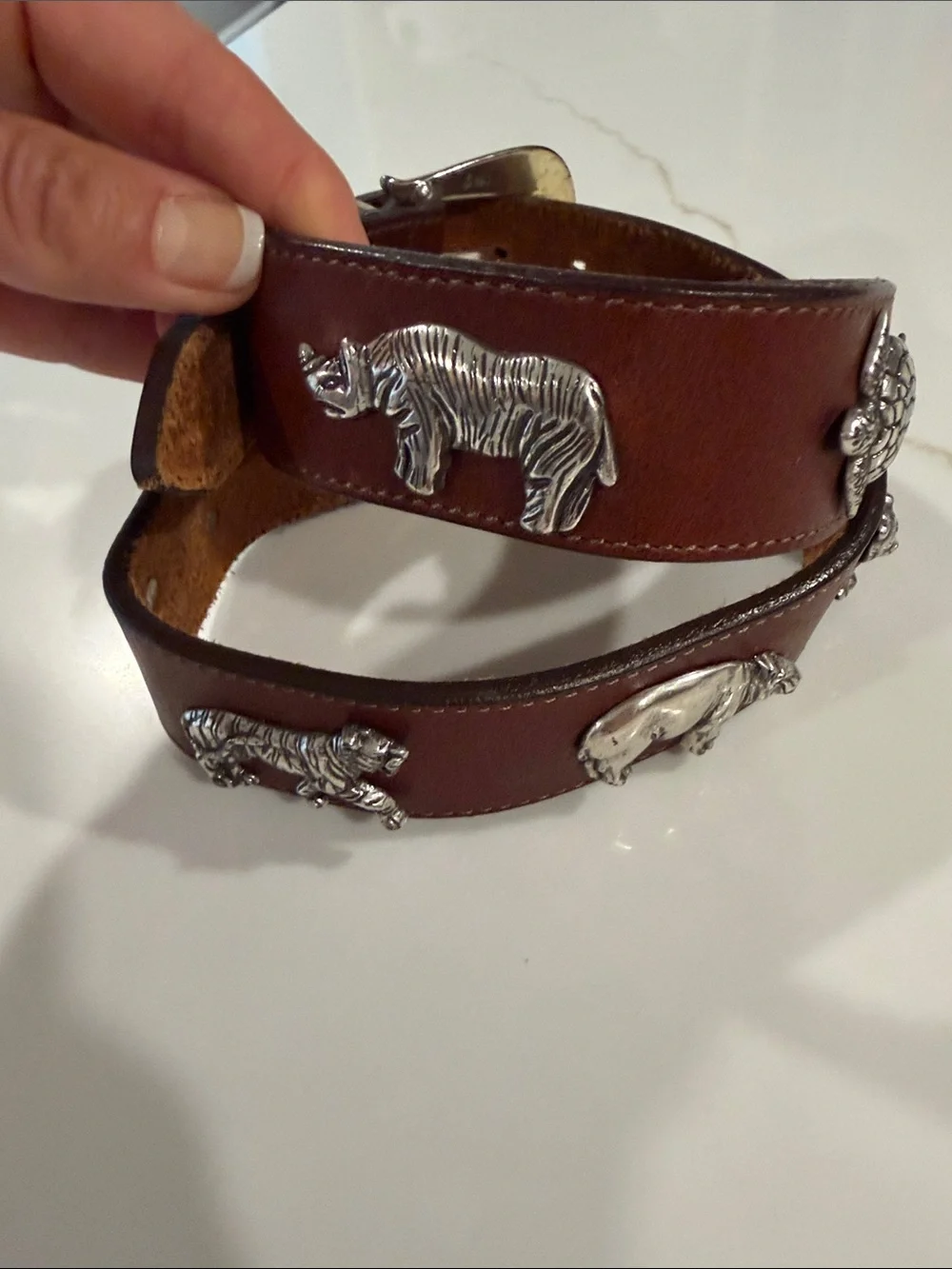 Vintage Brown Leather Brighton Belt with animals and Silver Buckle